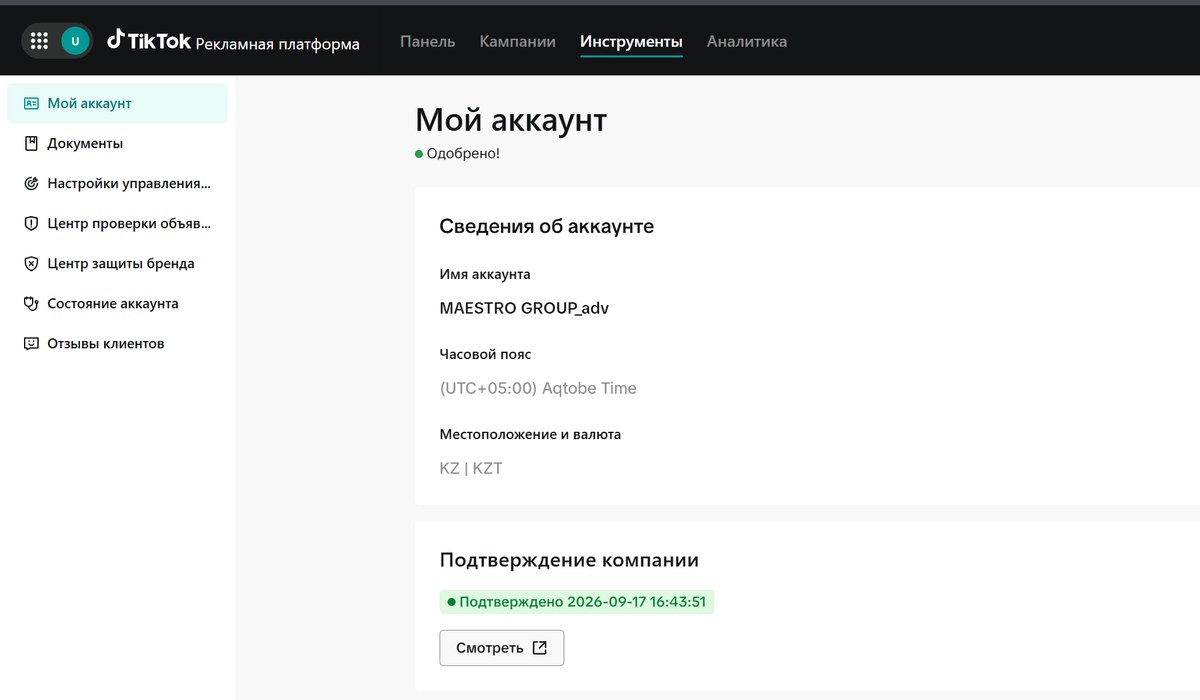 Рекламный кабинет TikTok: подтверждение компании одобрено после верификации аккаунта